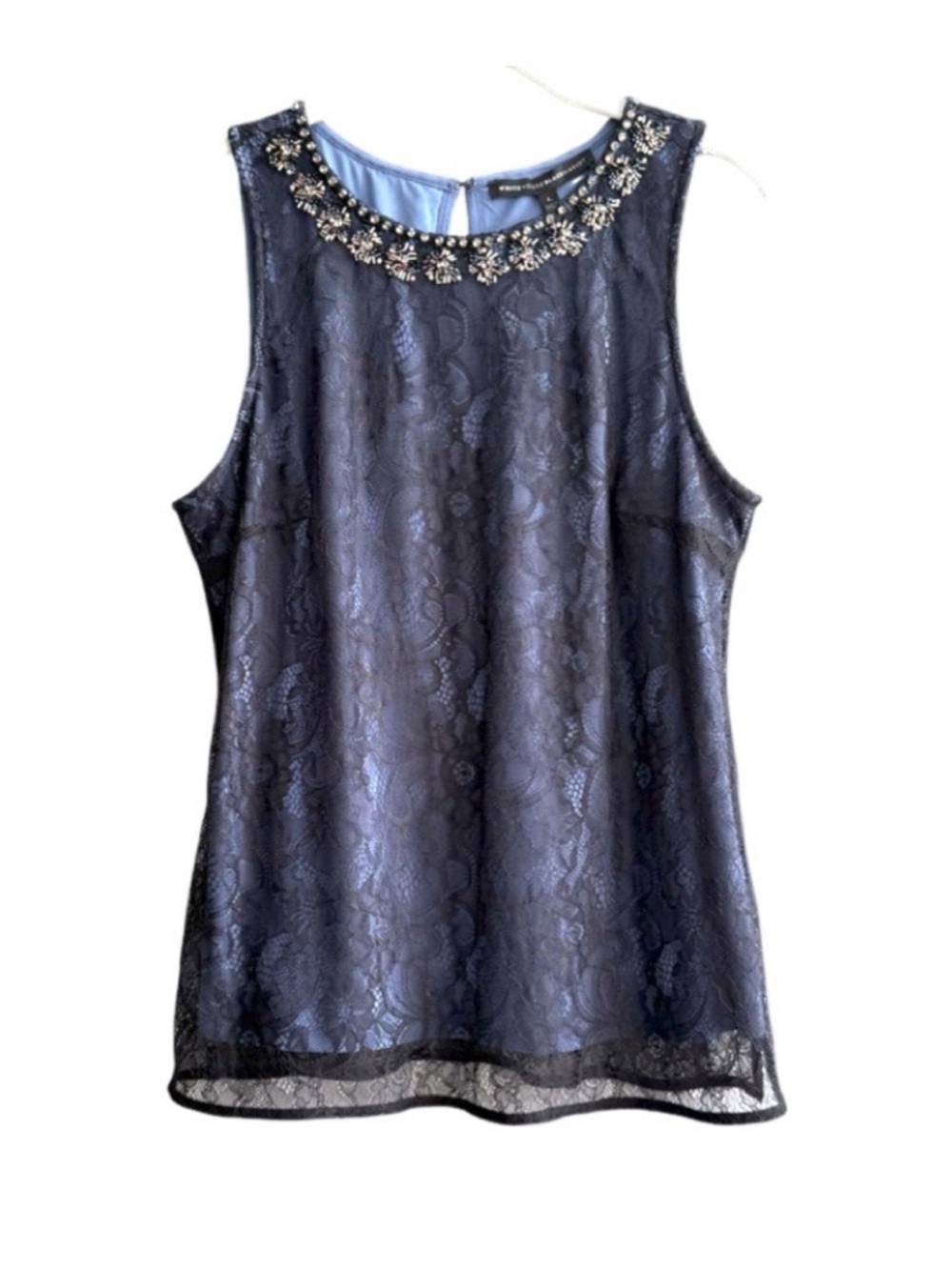 WHBM Sleeveless Lace Blouse Embellished Neckline Black Blue Size L